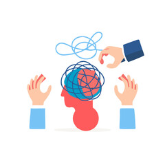 Halftone collage banner, three hands unraveling a ball of thread in the head, the concept of psychological help.
