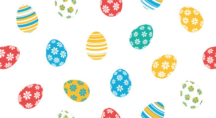 Fototapeta premium A cheerful, seamless pattern of colorful Easter eggs with various designs like stripes and flowers, perfect for holiday backgrounds and decorations.