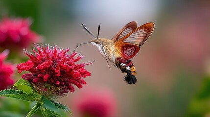 Obraz premium The Beauty of Nature: Butterfly in Flight Over a Blooming Flower with Soft Background