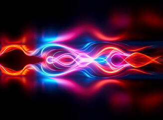 Vibrant abstract image featuring flowing, wavy light trails of red, blue, and pink on a black background. The dynamic composition evokes futuristic energy.
