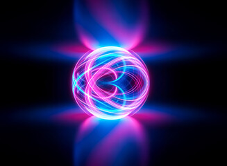 A luminous sphere with swirling pink and blue light trails radiates against a dark backdrop, creating an abstract and futuristic energy effect. The vibrant colors and dynamic motion suggest power and 