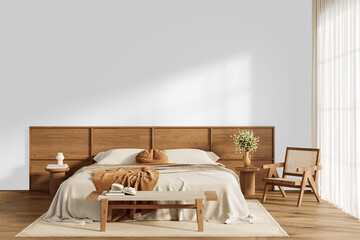 Wooden Bedroom Interior PNG with Neutral Bedding, Accent Chair, Bench and Soft Natural Light on Transparent Background