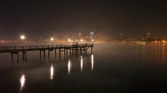 Pier at night with city lights and fog over the water