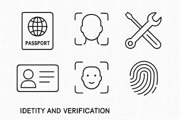 Identity and Verification Icons: A set of minimalistic icons representing crucial elements in the process of identity verification, from passports to facial recognition, and biometric authentication.