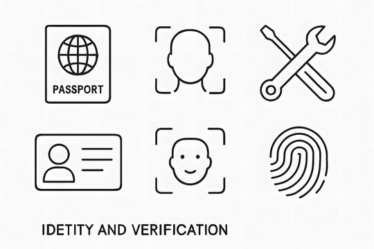 Identity and Verification Icons: A set of minimalistic icons representing crucial elements in the process of identity verification, from passports to facial recognition, and biometric authentication.