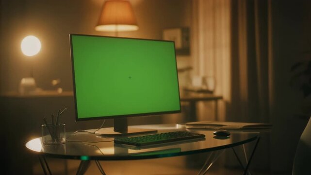 desktop computer monitor greenscreen on glass desk cinematic warm tone lighting home office setup technology remote work modern interior display