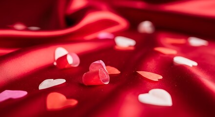 Soft red fabric draped elegantly with scattered heart shaped candies and petals for a romantic ambiance