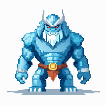 A pixel art illustration of a powerful blue ice monster with horns and a beard, standing in a strong pose.
