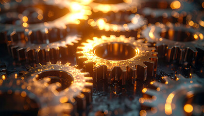 Intricate Gear Mechanism: Close-up shot of a complex gear mechanism, radiating an aura of precision, showcasing the beauty of industrial engineering, mechanical systems.