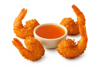 Fried coconut shrimp appetizer with sweet sauce, golden crispy seafood snack for restaurant menus or party food, transparent background
