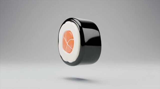 A single, perfectly rendered sushi maki roll with salmon filling, floating against a minimalist grey background.