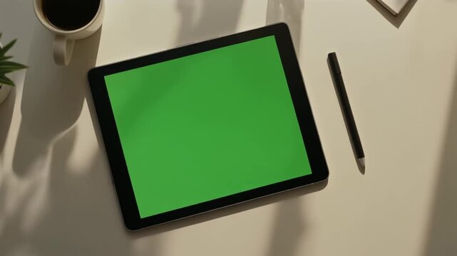 top-down shot digital tablet designer desk screen bright green stylus technology creative professional workspace overhead view mockup