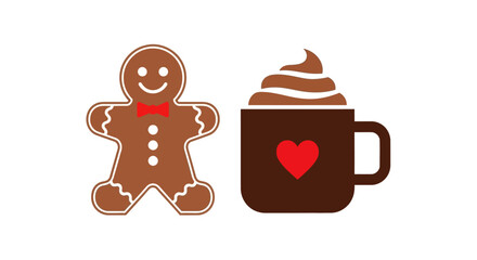 Gingerbread man with bow tie and a mug of hot chocolate with a heart on it - perfect for winter holiday themed designs and festive promotions