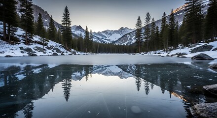 Serene winter landscape with snow covered mountains reflected in a frozen lake surrounded by pine trees