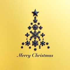 Minimalist Christmas Tree Made of Black Snowflakes on Smooth Golden Texture. Upscale Holiday Greeting_8