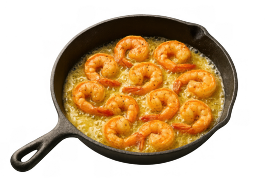Shrimp cooking in a skillet with sauce, a delectable and healthy seafood meal being made, ready for serving. Transparent background