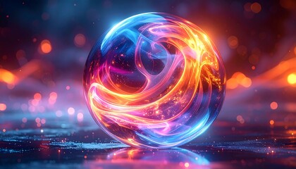 A mesmerizing, glowing orb pulses with vibrant energy, encased in swirling light, against a blurred, dark backdrop with bokeh effects