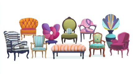mismatched. A playful arrangement of mismatched chairs in vibrant colors, representing whimsical seating dilemmas. lifestyle magazines.