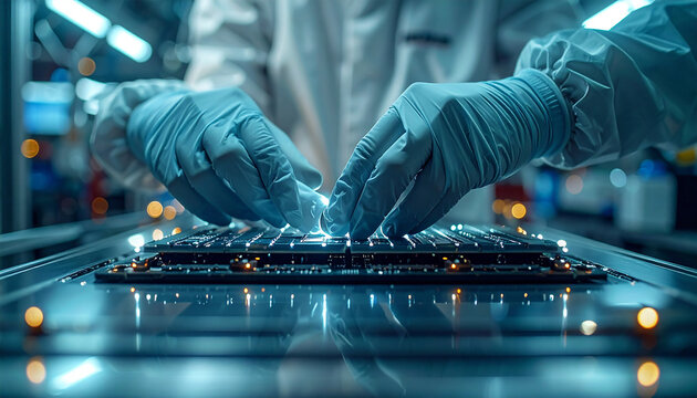 Precision in Progress: Hands in sterile gloves meticulously assembling circuit boards. A glimpse into the world of tech innovation, where focus and precision are paramount.