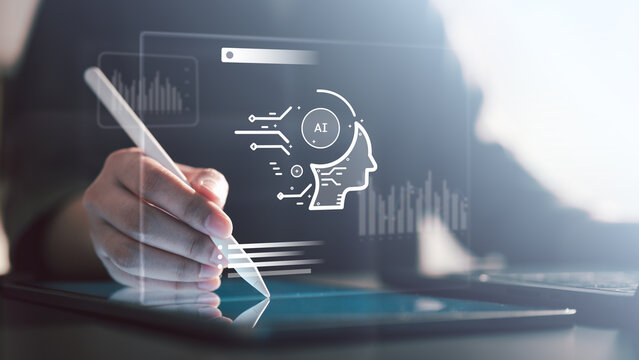 ai, automation, artificial intelligence, Hand using a digital pen on a tablet with an AI interface overlay, representing artificial intelligence, automation, data analytics, and advanced technology.