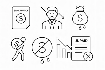Financial Distress: A stark collection of financial symbols graphically depicts the ominous specter of bankruptcy and economic downturn. It conveys a somber tone.