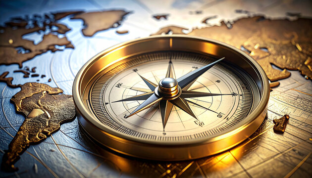 Compass Guiding the Way: A detailed image of a classic compass sits atop a detailed world map, symbolizing direction, travel, and exploration. The compass rose, with its intricate design.