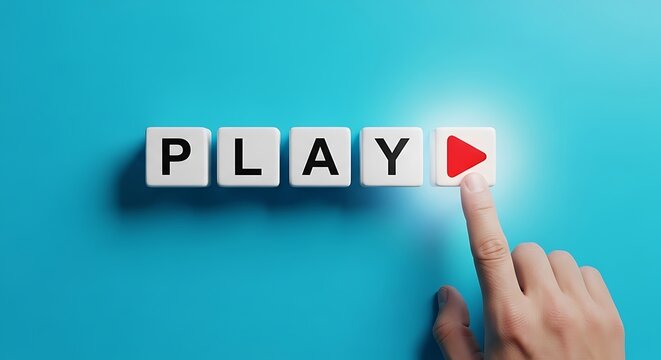 The word play spelled out with letter cubes and a play button