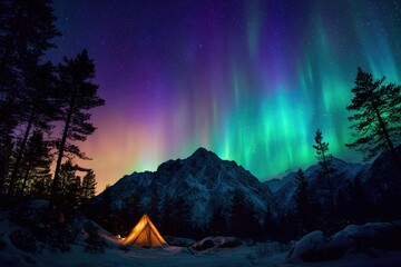 Colorful Northern Lights Aurora Borealis Sky Night Iceland Mountain Mountains Camping Glamping Romantic Winter Night Desktop Wallpaper Illustration Background Image
