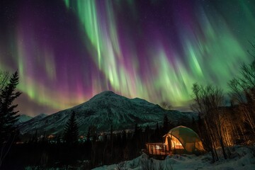 Colorful Northern Lights Aurora Borealis Sky Night Iceland Mountain Mountains Camping Glamping Romantic Winter Night Desktop Wallpaper Illustration Background Image