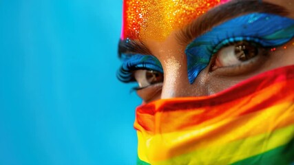 Close-up of person with colorful rainbow face mask and vibrant makeup