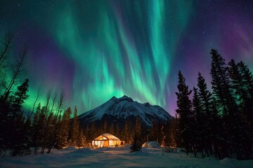 Colorful Northern Lights Aurora Borealis Sky Night Iceland Mountain Mountains Camping Glamping Romantic Winter Night Desktop Wallpaper Illustration Background Image
