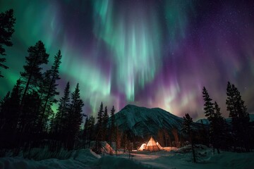 Colorful Northern Lights Aurora Borealis Sky Night Iceland Mountain Mountains Camping Glamping Romantic Winter Night Desktop Wallpaper Illustration Background Image