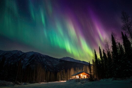 Colorful Northern Lights Aurora Borealis Sky Night Iceland Mountain Mountains Camping Glamping Romantic Winter Night Desktop Wallpaper Illustration Background Image