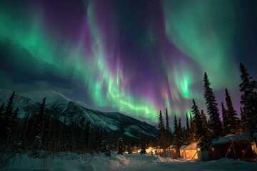 Colorful Northern Lights Aurora Borealis Sky Night Iceland Mountain Mountains Camping Glamping Romantic Winter Night Desktop Wallpaper Illustration Background Image