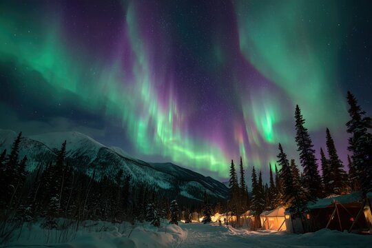 Colorful Northern Lights Aurora Borealis Sky Night Iceland Mountain Mountains Camping Glamping Romantic Winter Night Desktop Wallpaper Illustration Background Image