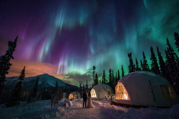 Colorful Northern Lights Aurora Borealis Sky Night Iceland Mountain Mountains Camping Glamping Romantic Winter Night Desktop Wallpaper Illustration Background Image