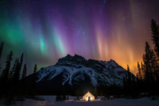 Colorful Northern Lights Aurora Borealis Sky Night Iceland Mountain Mountains Camping Glamping Romantic Winter Night Desktop Wallpaper Illustration Background Image