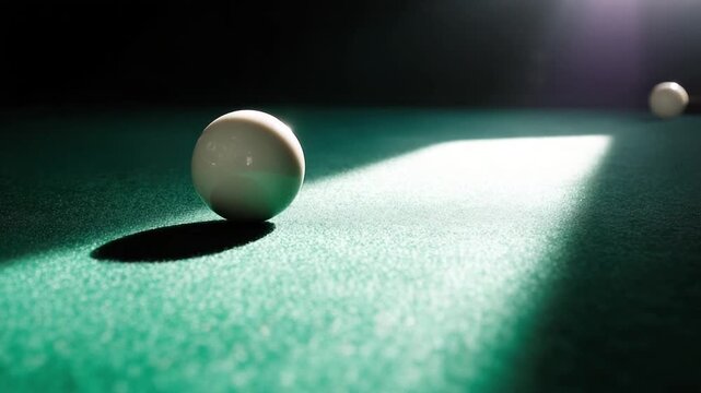 A white billiard ball sits on a green felt table, partially lit by a strong beam