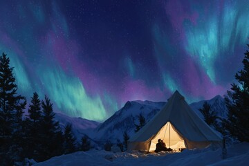 Colorful Northern Lights Aurora Borealis Sky Night Iceland Mountain Mountains Camping Glamping Romantic Winter Night Desktop Wallpaper Illustration Background Image