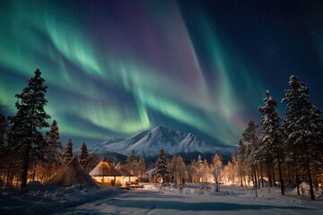 Colorful Northern Lights Aurora Borealis Sky Night Iceland Mountain Mountains Camping Glamping Romantic Winter Night Desktop Wallpaper Illustration Background Image