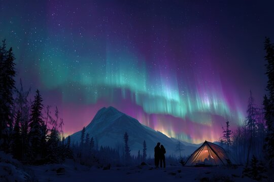 Colorful Northern Lights Aurora Borealis Sky Night Iceland Mountain Mountains Camping Glamping Romantic Winter Night Desktop Wallpaper Illustration Background Image