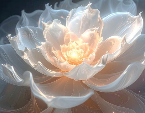 Close-up of a glowing, ethereal flower, with translucent, layered petals and a vibrant, golden center