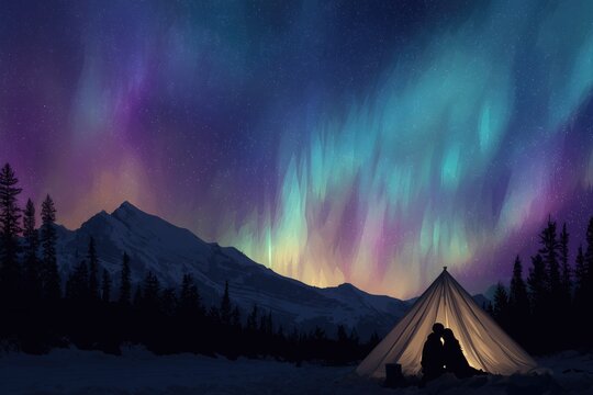 Colorful Northern Lights Aurora Borealis Sky Night Iceland Mountain Mountains Camping Glamping Romantic Winter Night Desktop Wallpaper Illustration Background Image