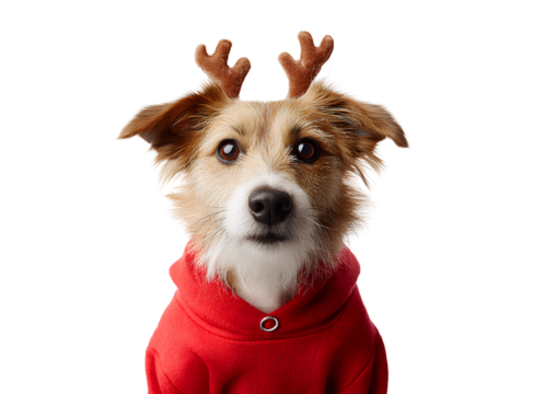 Cute brown and white Jack Russell Terrier puppy dog wearing a Santa Claus hat portrait isolated on a white background