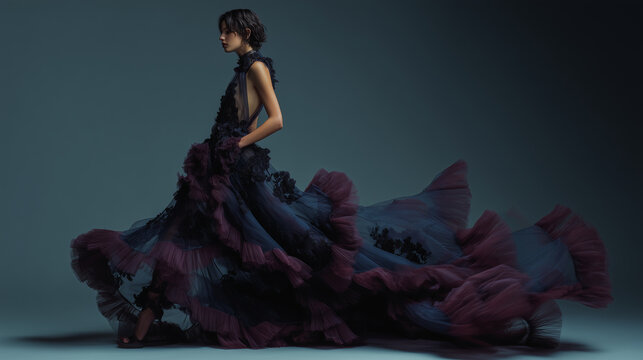 Elegant model showcasing flowing gown in a dramatic studio setting - Powered by Adobe
