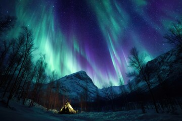 Colorful Northern Lights Aurora Borealis Sky Night Iceland Mountain Mountains Camping Glamping Romantic Winter Night Desktop Wallpaper Illustration Background Image