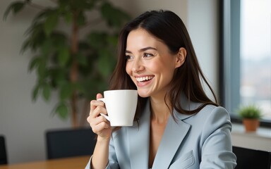 Smiling young businesswoman enjoying her coffee during an office break. High quality