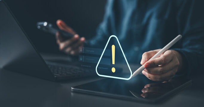 cybersecurity, warning, threat, phishing, Cybersecurity alert icon appearing on a digital device as a user interacts, representing online threats, warnings, data protection, and security risks.