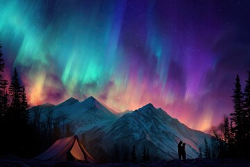 Colorful Northern Lights Aurora Borealis Sky Night Iceland Mountain Mountains Camping Glamping Romantic Winter Night Desktop Wallpaper Illustration Background Image
