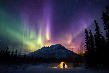 Colorful Northern Lights Aurora Borealis Sky Night Iceland Mountain Mountains Camping Glamping Romantic Winter Night Desktop Wallpaper Illustration Background Image